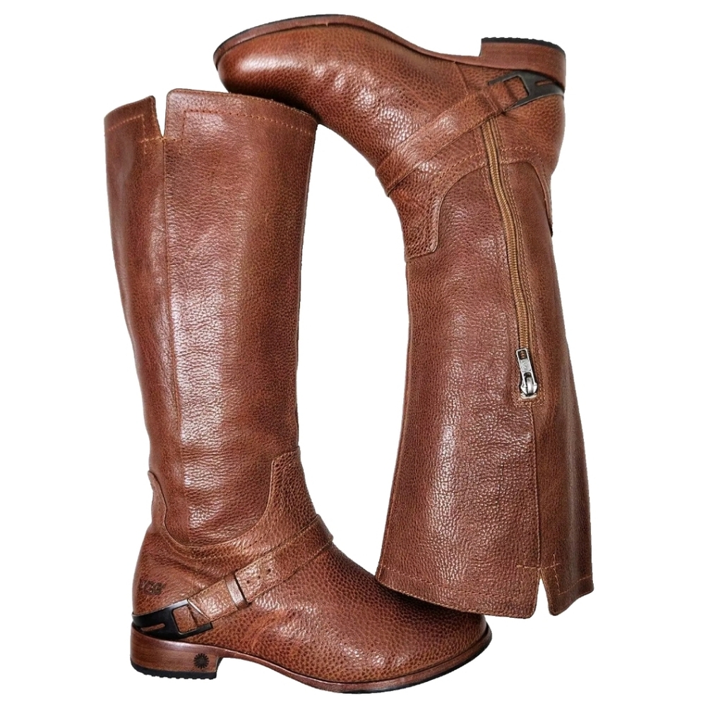 UGG Channing Tall Riding Boots Sz 7.5 Chestnut Pebbled Leather 3184 - Picture 8 of 14
